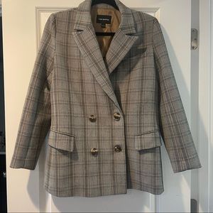 Double-Breasted Long Plaid Blazer